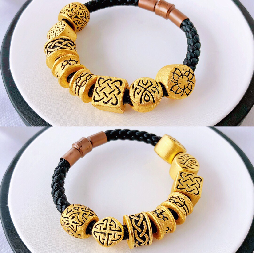 黄金转运珠男士刺青手链 999足金3d硬金信念守护幸运路路通水贝