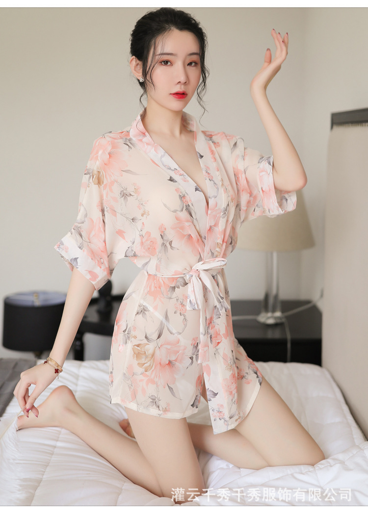 性感内衣家居浴袍诱惑开襟蝴蝶结绑带女时尚印花雪纺睡袍和服套装