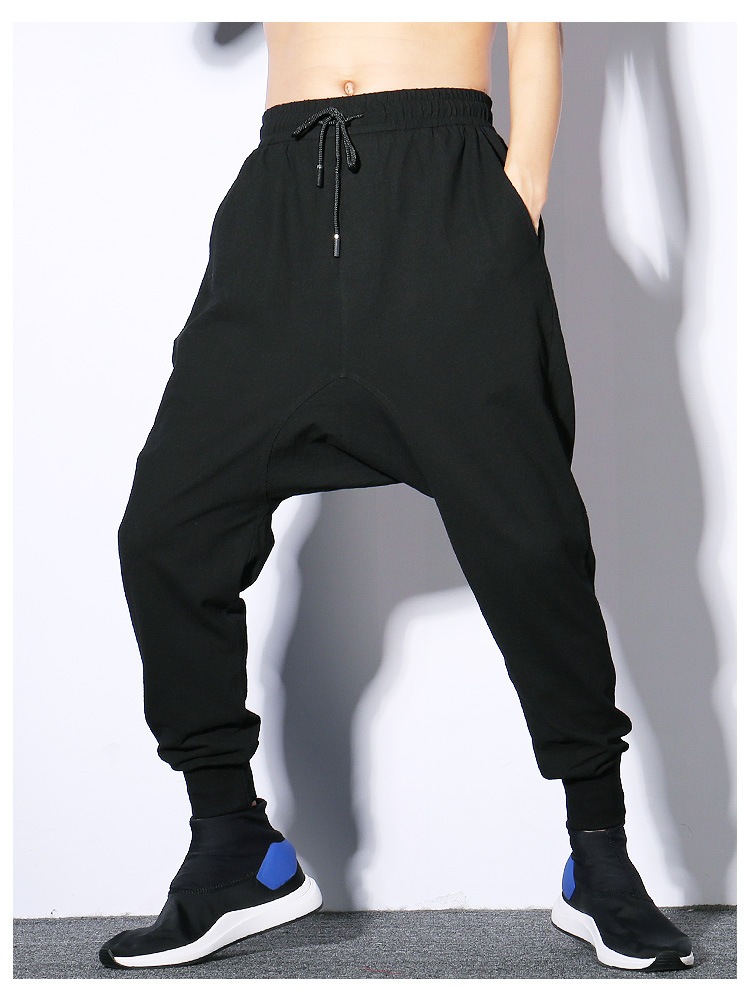 潮牌休闲拉裆收脚裤男夏束脚嘻哈宽松哈伦裤垮裤低裆跨裤运动夏季