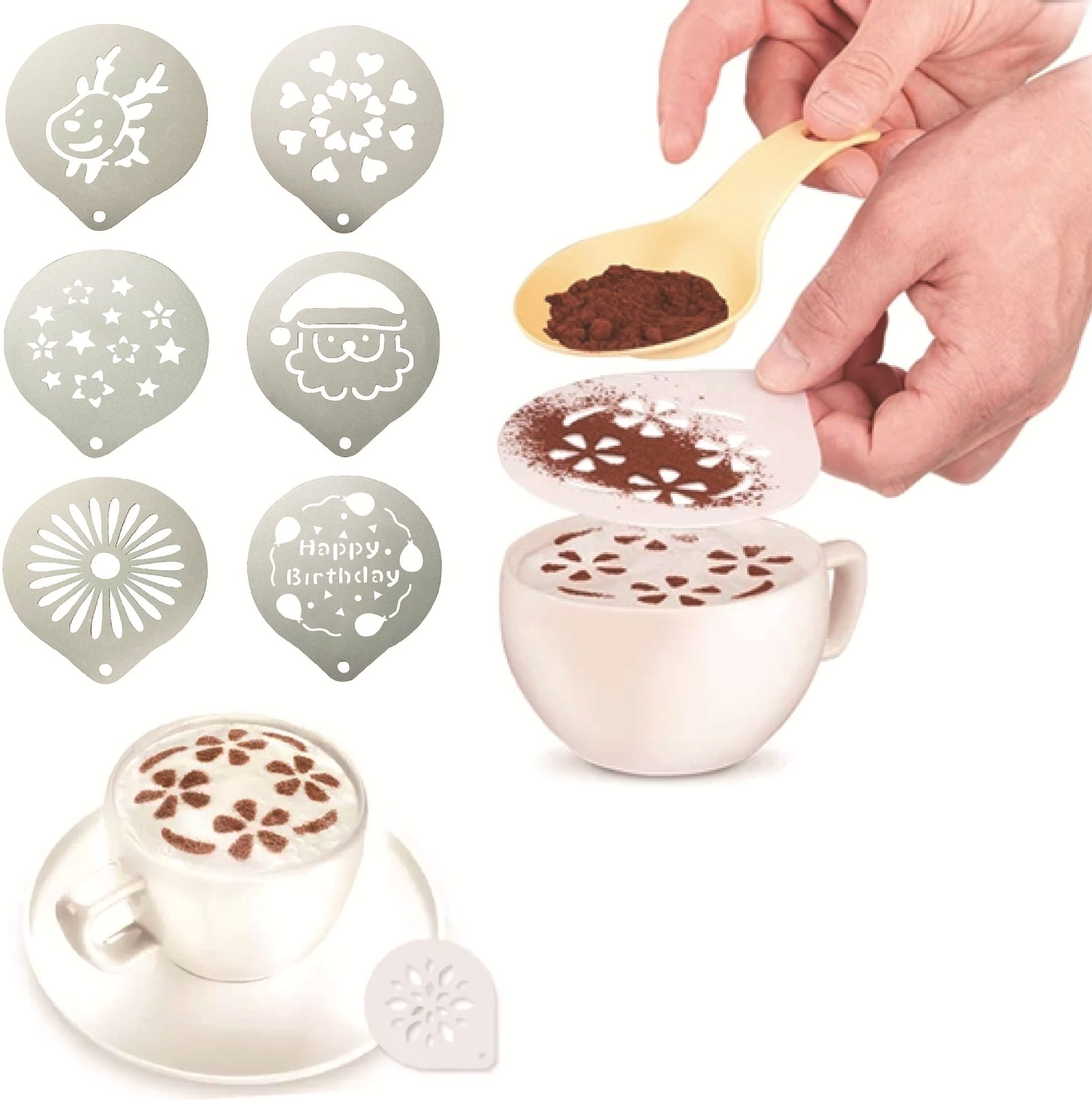 Hot 304 Stainless Steel Latte Art Mold Fancy Coffee Printing Model Thickened Coffee Foam Spray Flower Template