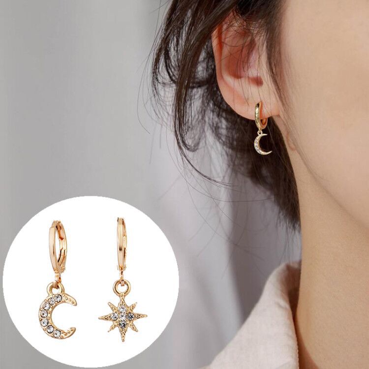 Korean Dongdaemun Same Style Earrings for Women Ins Diamond-Embedded Star Moon Asymmetric Earrings All-Match Cold Style Cross-Border Earrings