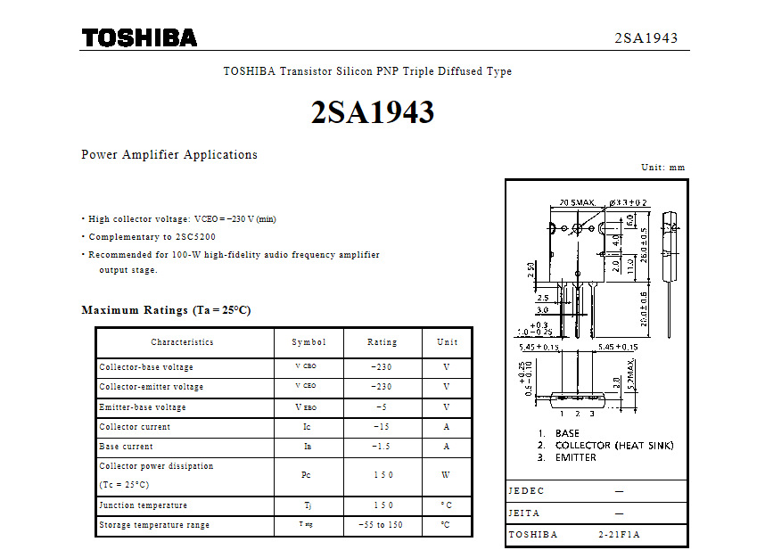 2sa1943是一款频率30mhz的晶体管与2sc5200配对的音