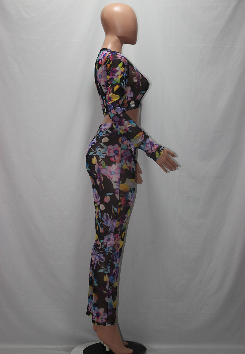 2019 亚马逊 eday欧美跨境时尚透视紫色韩国网全身印花性感两件套