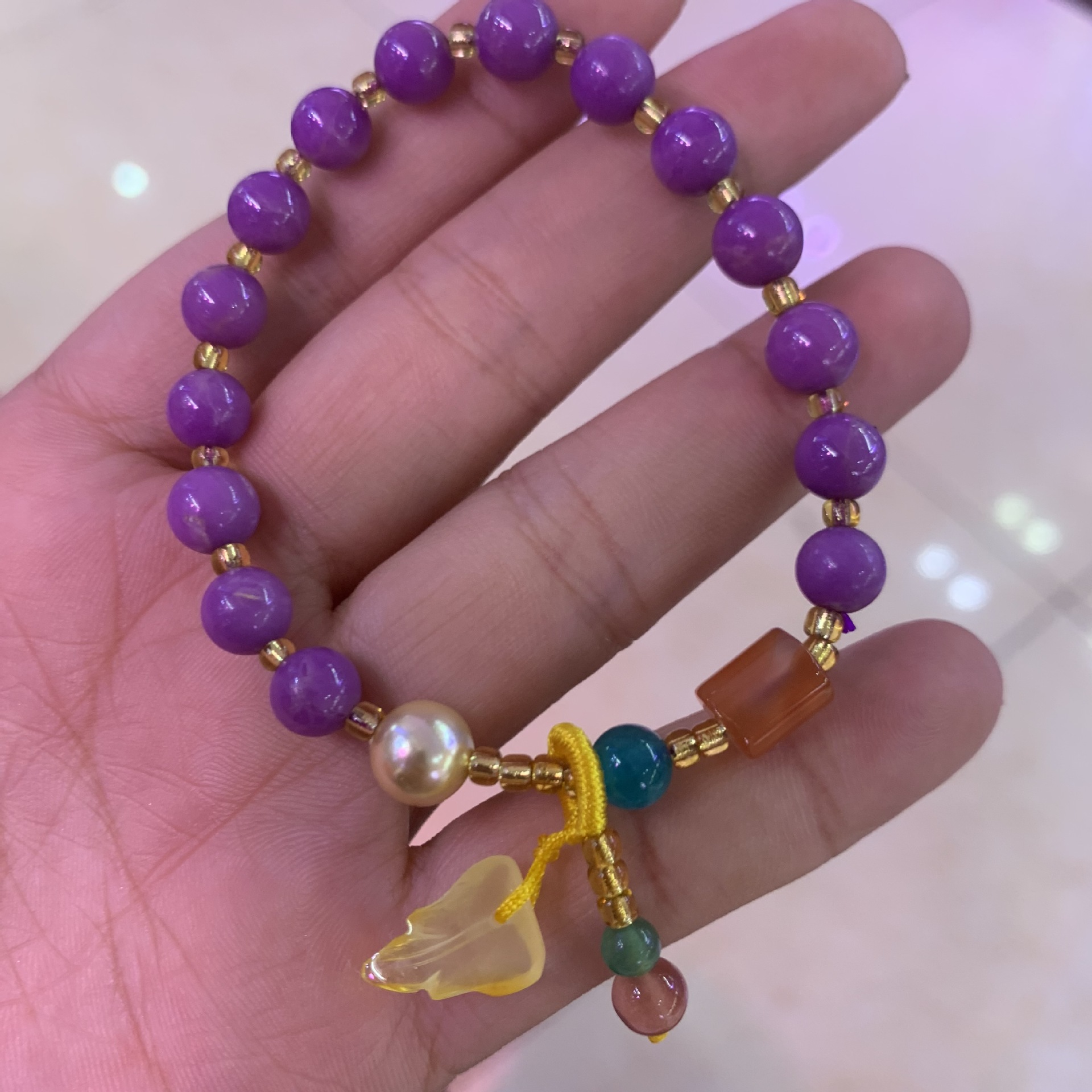 天然紫云母diy手串搭配天河石南红贝珠蜜蜡绿东陵女式手链批发