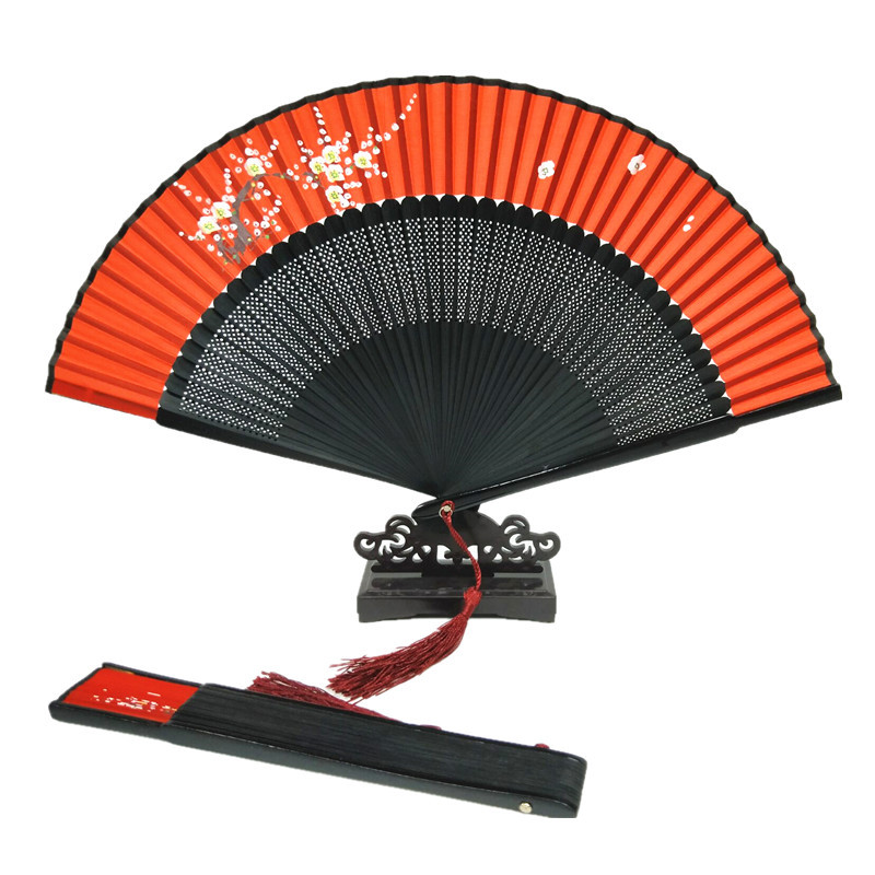 扇子手绘头青竹折扇流苏古风汉服红色舞蹈扇中国风拍照道具女夏批