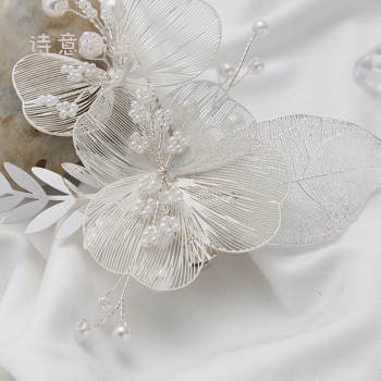新款韩式时尚纯手工珍珠蝴蝶花朵发夹 新娘婚礼头饰服饰饰品配饰