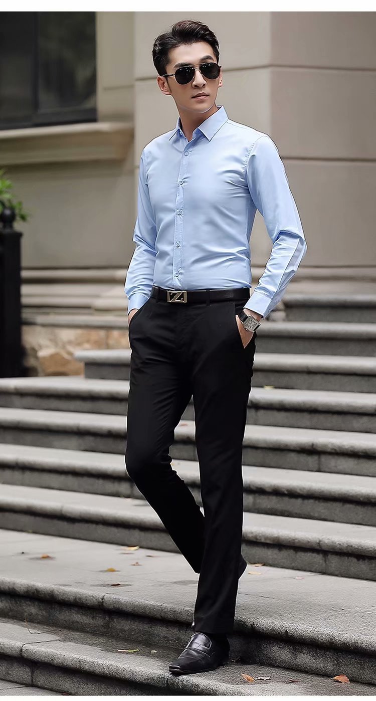 青年韩版潮修身男士白衬衣新款男式长袖衬衫纯色免烫寸衫一件代发