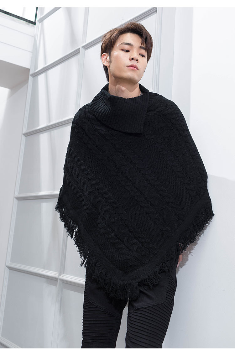 跨境外贸欧美日韩一件代发批发现货斗篷男披肩高领毛衣短款蝙蝠袖