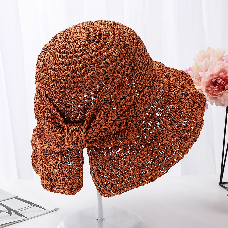 韩国新款沙滩手钩草帽女士夏天开叉蝴蝶结遮阳帽可折叠防晒渔夫帽