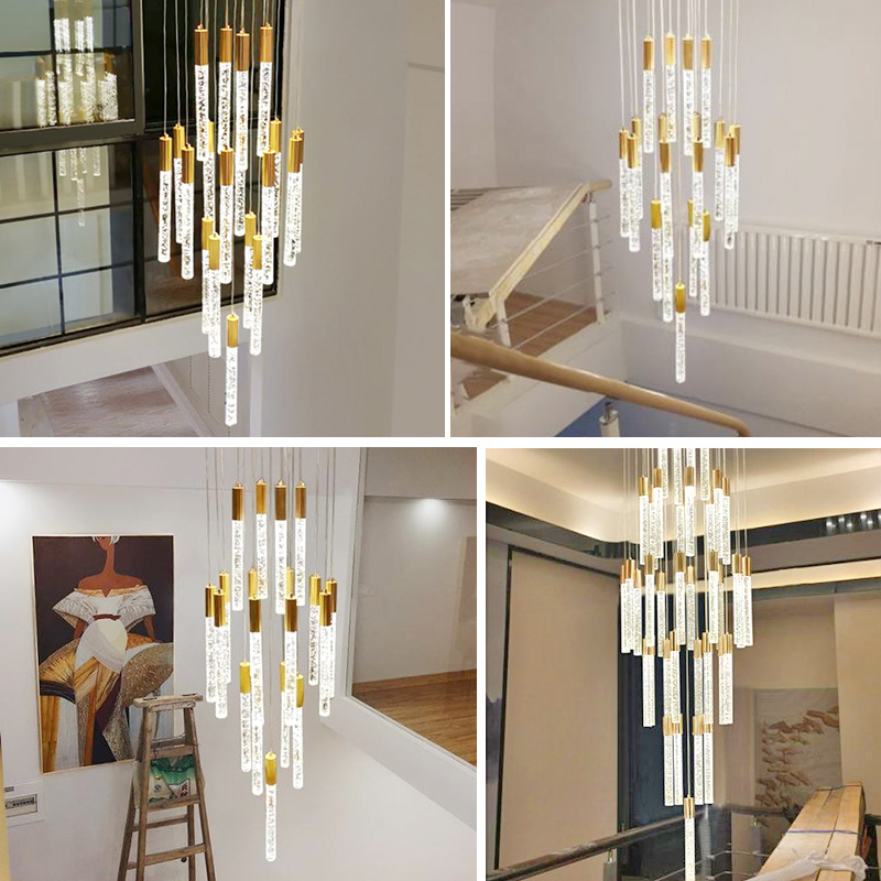 Staircase Chandelier Modern Minimalist Art Crystal Column Duplex Building Loft Apartment Living Room Rotating Staircase Long Chandelier