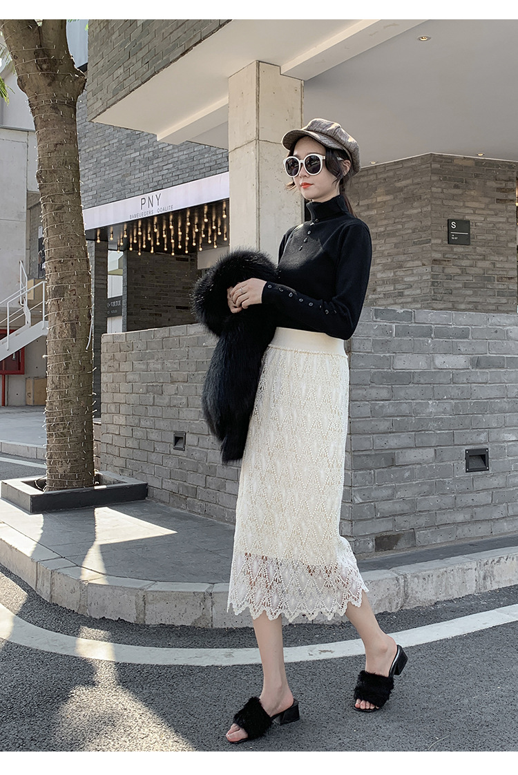 加绒加厚蕾丝半身裙女冬季2020新款韩版显瘦高腰a字包臀一步纱裙