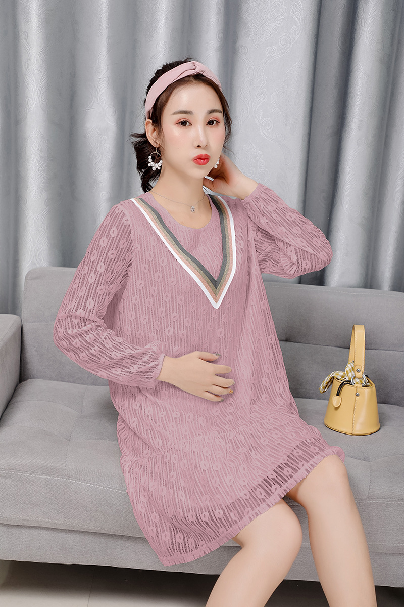 孕妇装2019早秋孕妇连衣裙蕾丝中长款连衣裙宽松孕妇裙一件代发