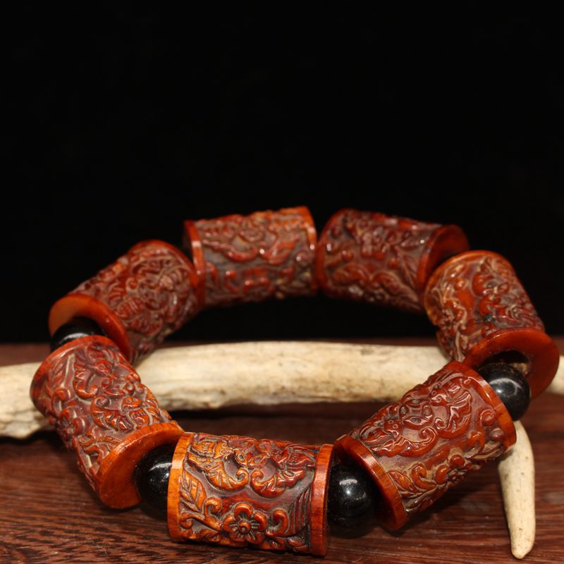 古玩杂项收藏牦牛角雕工蝙蝠手串饰品