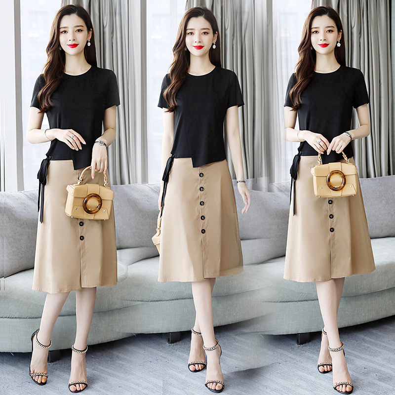 不对称两件套a裙2019夏装新时尚女潮洋气修身t恤 半身裙套装/套裙