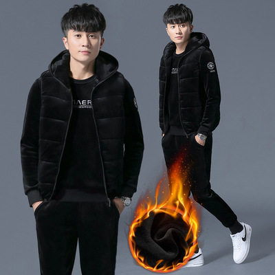男士运动套装冬季加绒加厚保暖运动服男双面金丝绒冬装卫衣套装男