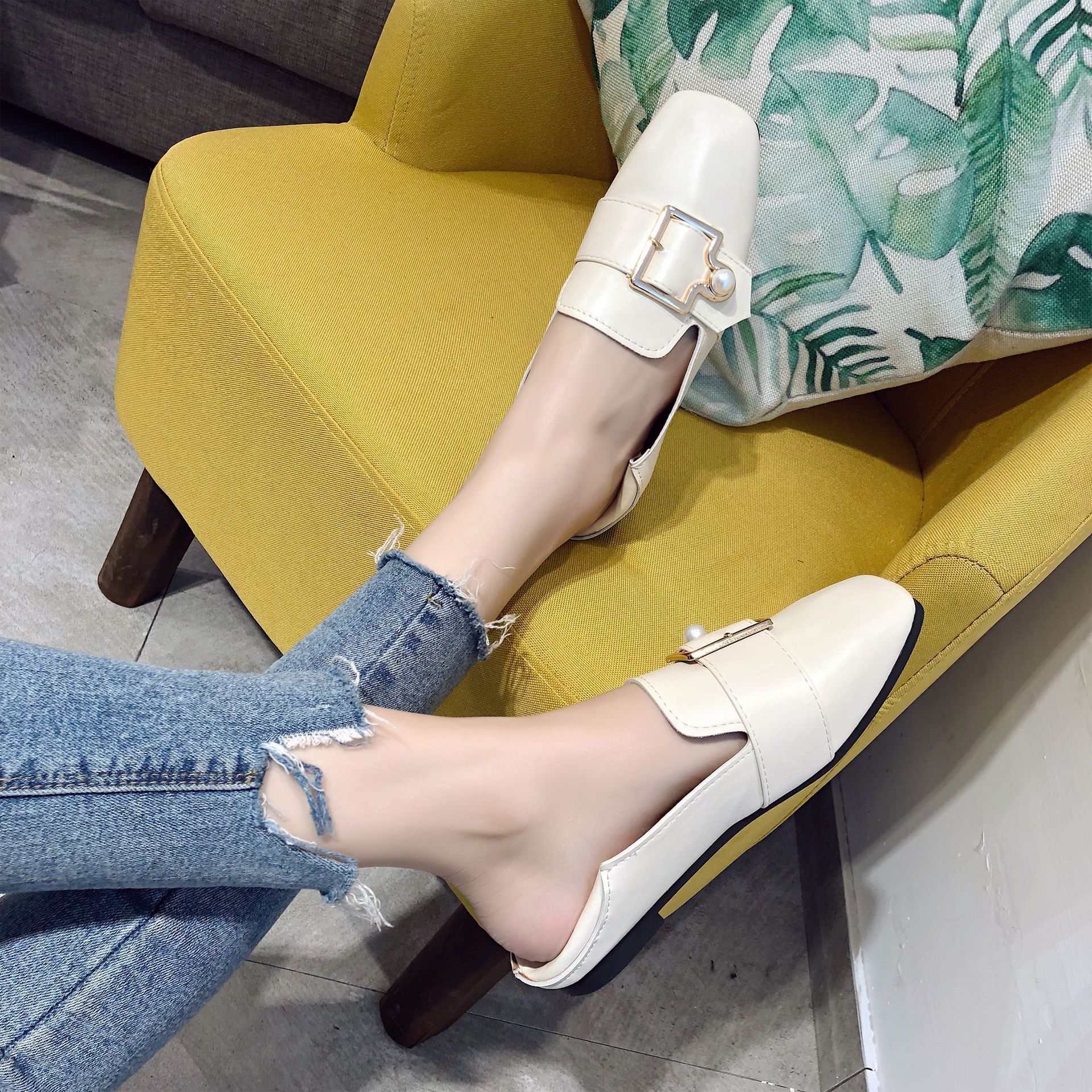 2019秋季新款女鞋平跟平底百搭豆豆鞋韩版单鞋女学生鞋两穿小皮鞋