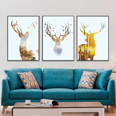 走廊装饰画新欧式室内风景三联现代简约卧室挂画沙发墙画麋鹿组合