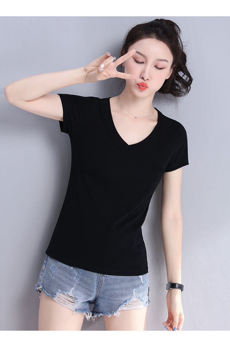 纯黑色v领t恤女短袖修身夏女装2021新款潮体恤紧身上衣黑色短款