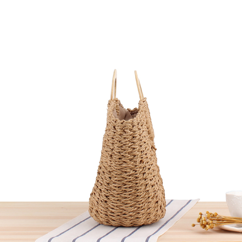 Wooden Handle Carrying Straw Bag Paper String Handmade Woven Beach Bag Mori Style Solid Color Large Capacity Women's Bag