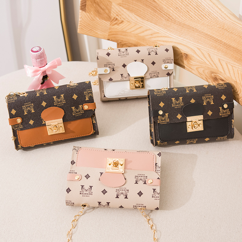 Fashion Mini Printing Contrast Color Small Square Bag Chain Shoulder Women's Bag Hand-Carrying Small Crossbody Bag Mobile Coin Purse Wholesale