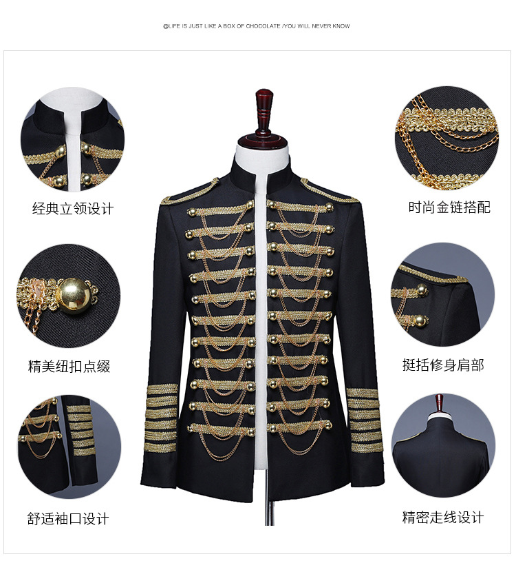 男军装夜店dj黑红镶金属链子欧式宫廷演出服男士军礼服酒吧表演服