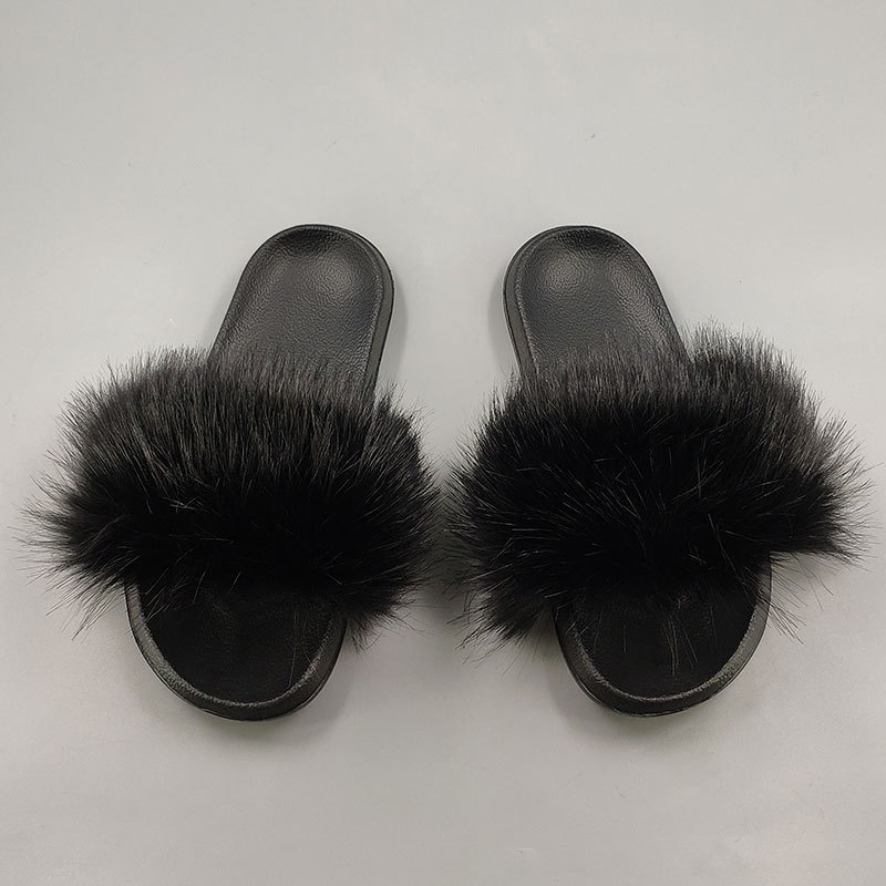 新款狐狸毛仿皮草女士凉拖鞋夏季时尚毛毛拖鞋防滑人造毛皮一字拖