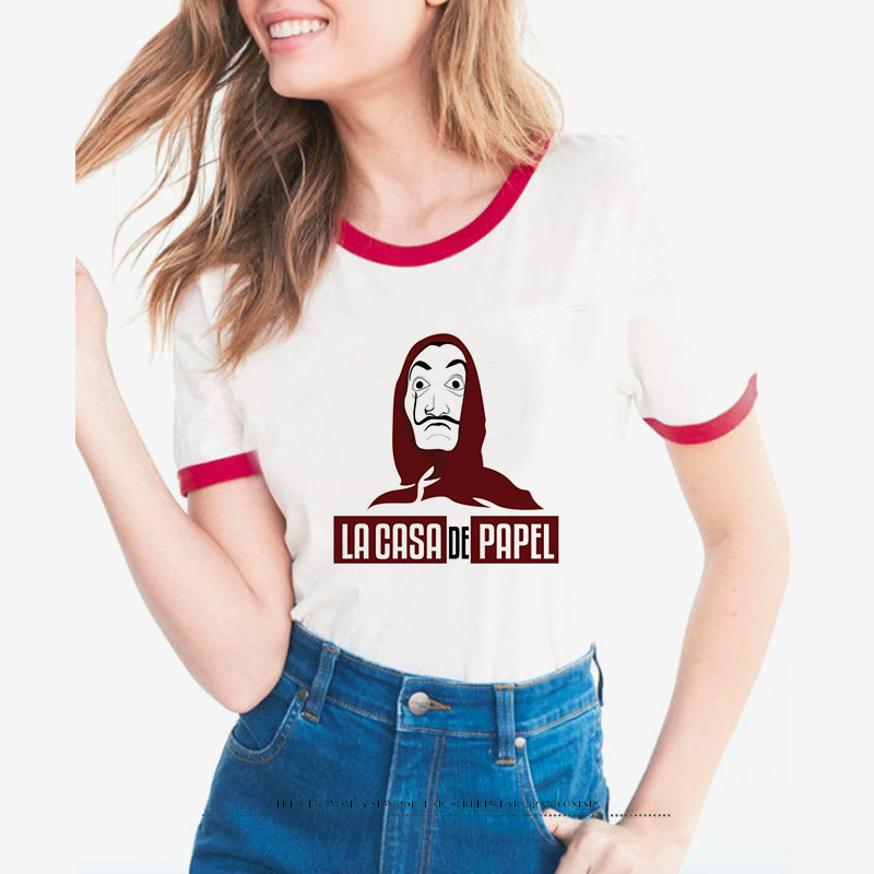 纸钞屋la casa de papel新款女式撞边短袖t恤 速卖通wish外贸货源