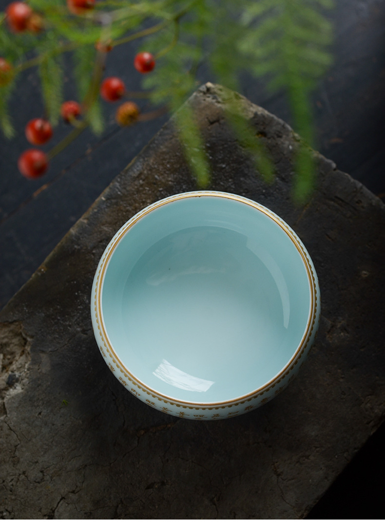 珍藏顶烧青本真金手书佛心经主人杯景德镇官窑工艺茶具收藏把玩