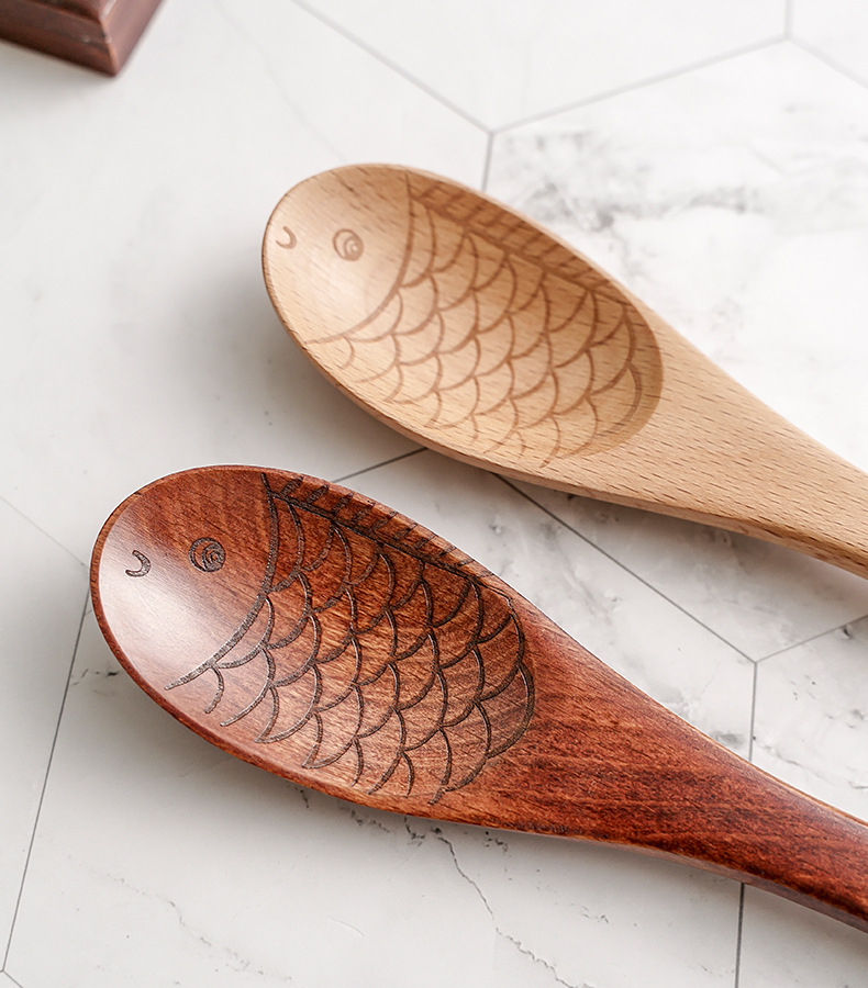 创意榉木鱼形勺子 复古实木勺木质小汤勺 高档酒店专用调羹 饭勺
