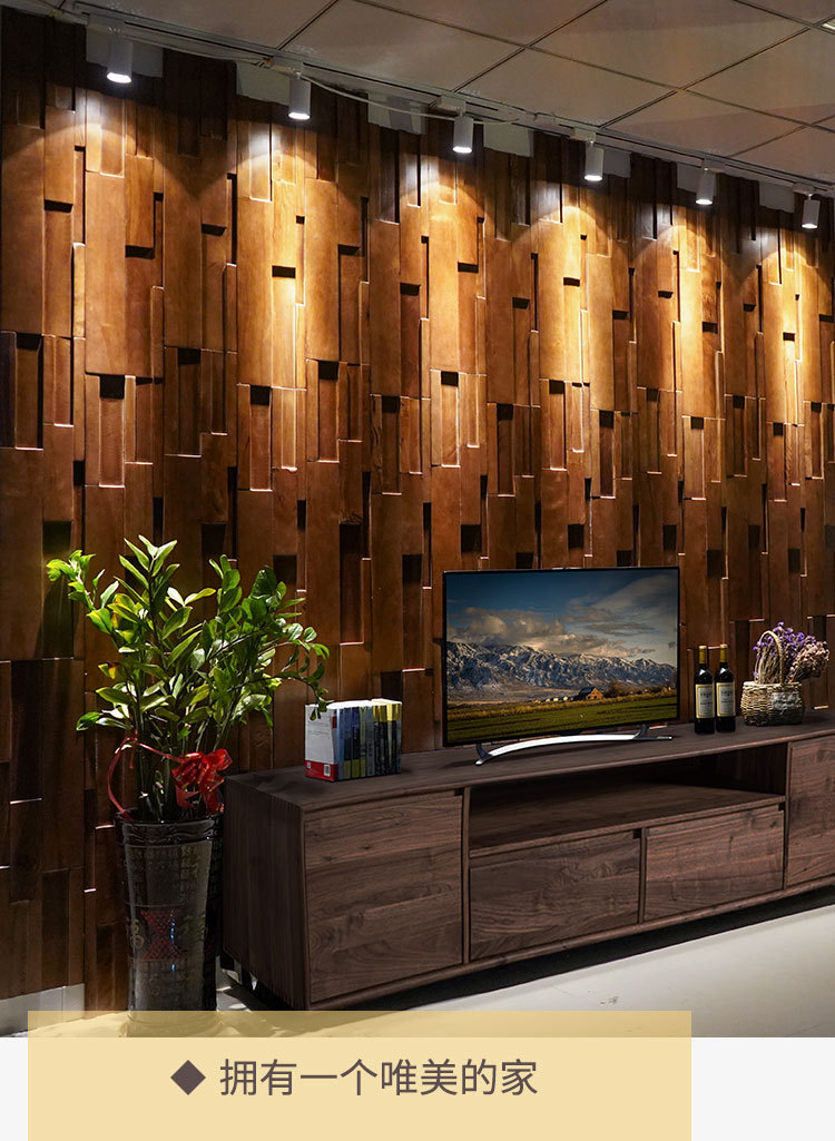 桦木胡桃色原木木头实木马赛克电视背景墙木质墙面装饰木线条墙砖