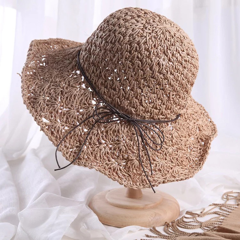 韩版2019手工编织草帽子小清新遮阳百搭折叠渔夫帽夏天海边沙滩帽