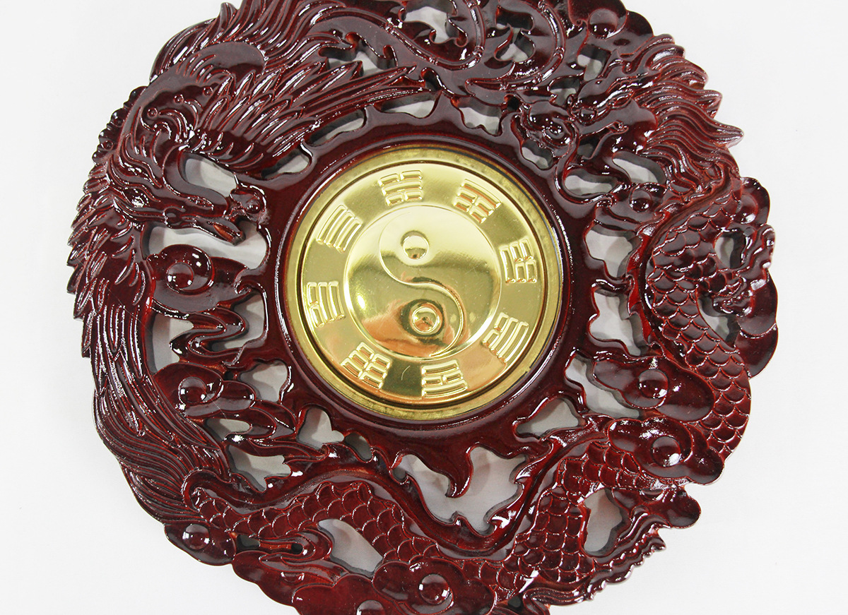 肥城桃木龙凤八卦镜 龙凤呈祥和合挂件家居装饰木雕挂件批发