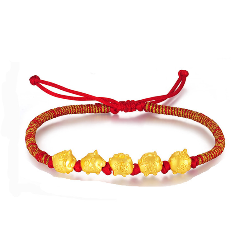 本命年金猪手链 情侣手链小猪生肖猪红绳手工编织五福猪红绳手链