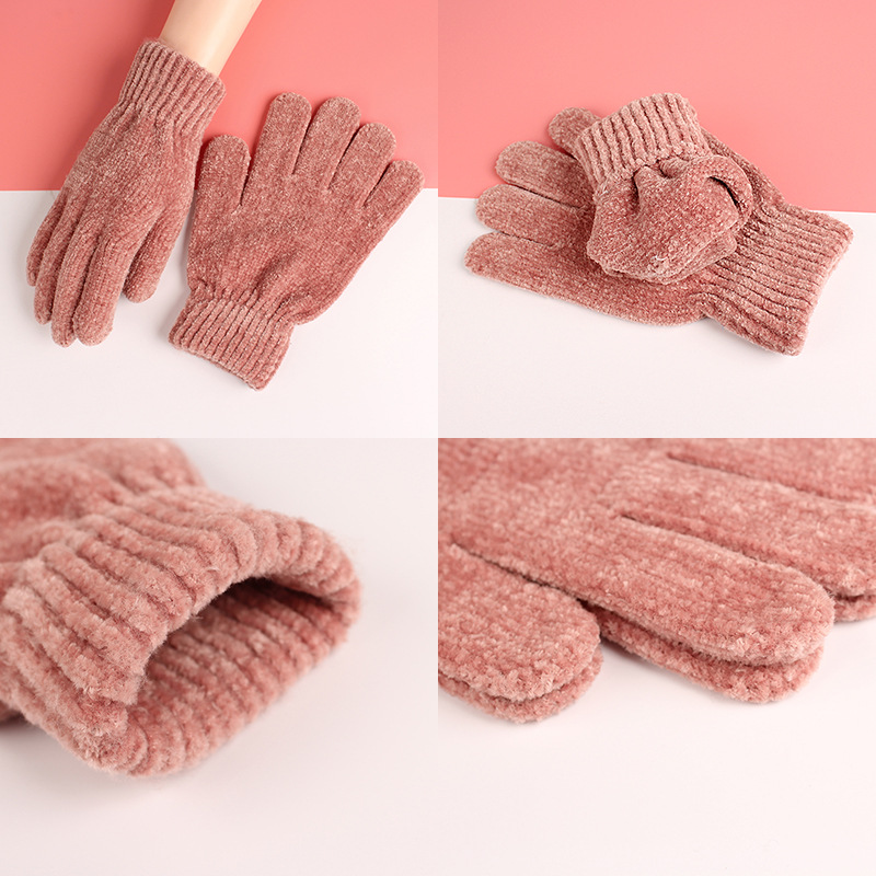 创意新款纯色雪尼尔手套高等女士韩版针织超柔保暖防寒手套批发