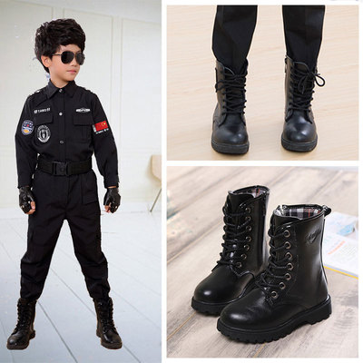 童鞋女童马丁靴男童军靴儿童单靴子2019新款黑色学生军训表演短靴