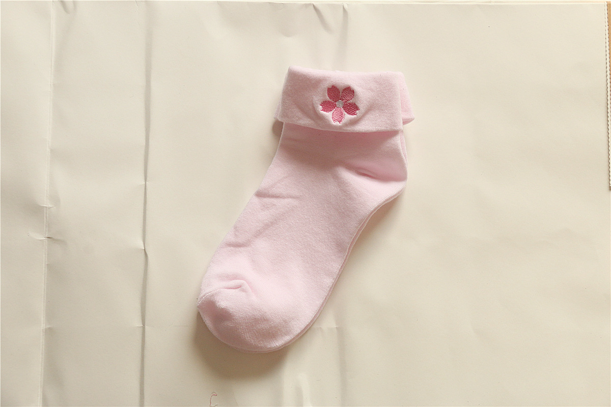 春季日系小朵花刺绣棉袜翻边美足全棉中筒袜少女简约短袜批发