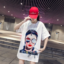 夏季韩版胖妹妹短袖T恤女卡通贴布舒适宽松中长款休闲T恤