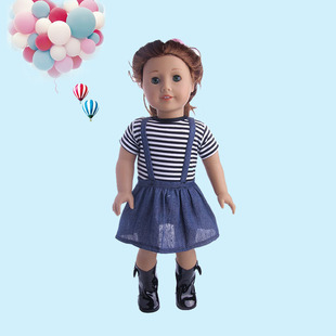 2018新款 18寸美国女孩娃娃 doll 条纹短袖 牛仔背带裙套装 热销