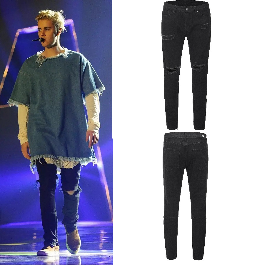 fog风格高街justinbieber同款长裤修身破洞牛仔裤男ins小脚牛仔裤