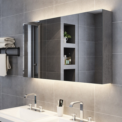 轻奢浴室镜柜现代简约实木防水镜箱带灯厕所挂墙储物卫生间收纳柜