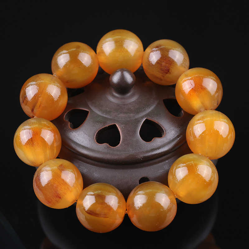 满血羊角手串佛珠手链天然西藏冰种黄料老羊角琥珀色男女文玩饰品