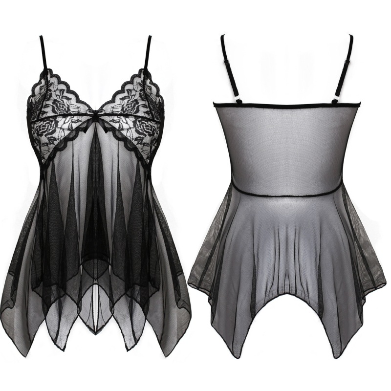 蕾丝薄纱透视可爱吊带裙性感不规则裙摆情趣睡衣睡裙