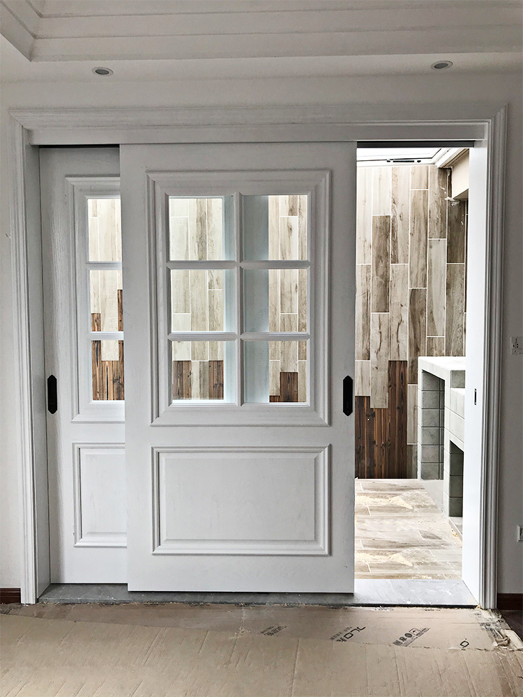 新中式白色阳台移门定制 简约现代卫生间推拉门 卧室厨房玻璃木门