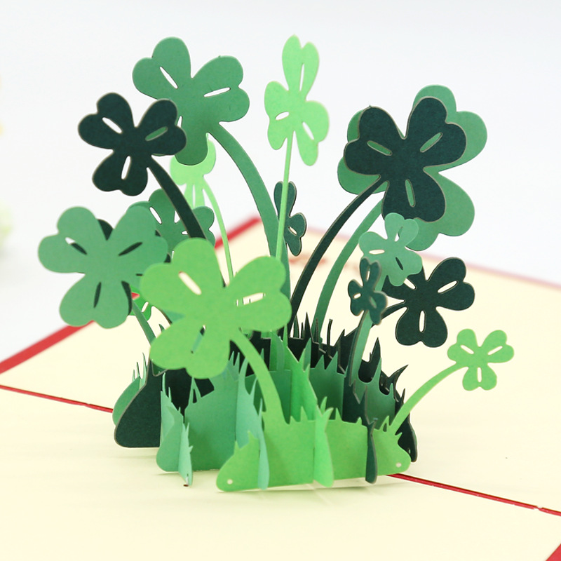 幸运四叶草3d立体贺卡创意纸雕镂空节日商务祝福卡片定制贺卡