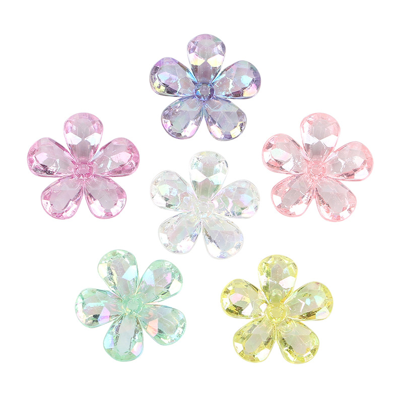 Factory Direct Sales Acrylic 22mm through Hole Crystal Transparent Colorful Five Petal Flower Diy Hair Accessories Hair Rope Hairpin All-Match