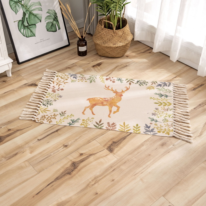 Retro Ethnic Style Tassel Floor Mat Nordic Simple Cotton Linen Door Mat Bedroom Bedside Foot Mat Living Room Coffee Table Carpet