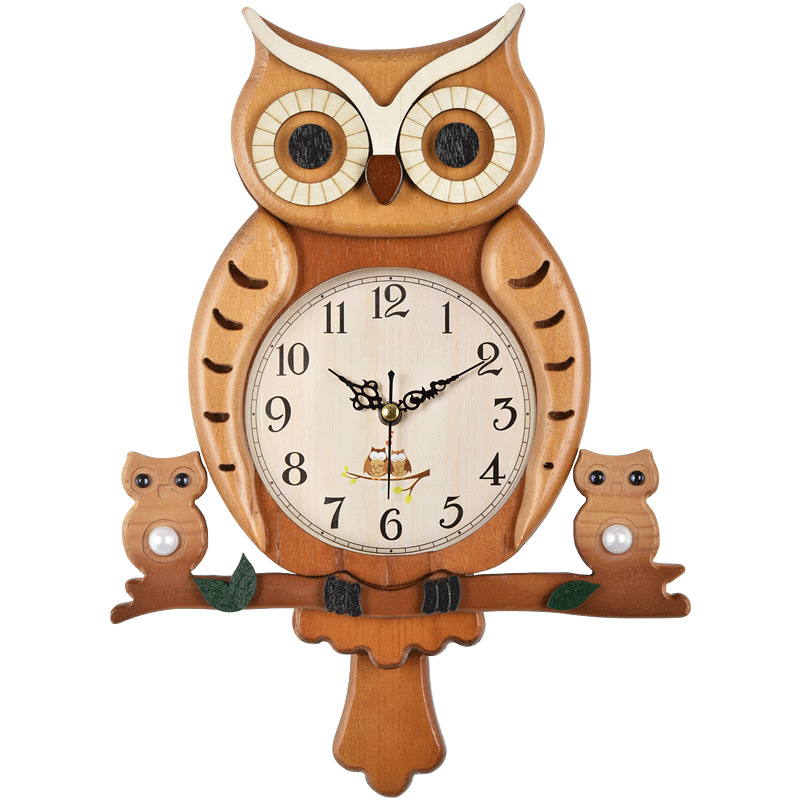 时尚创意家用木钟挂钟卧室钟客厅时钟卡通猫头鹰钟表石英墙壁挂钟