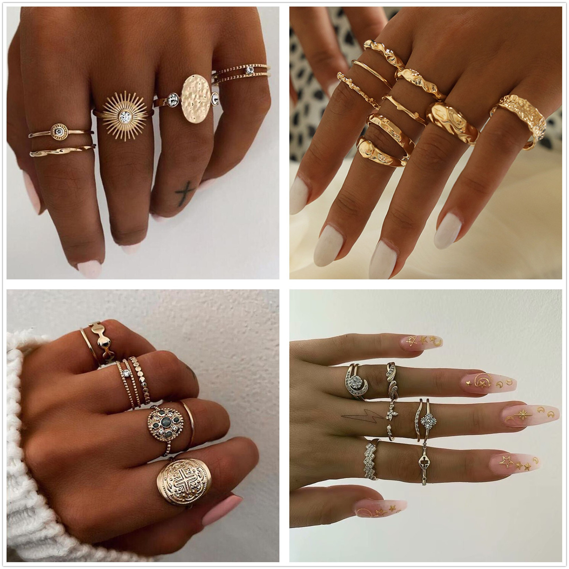 欧美简约 几何镶钻花朵6件套装戒指 波西米亚合金戒指指环女