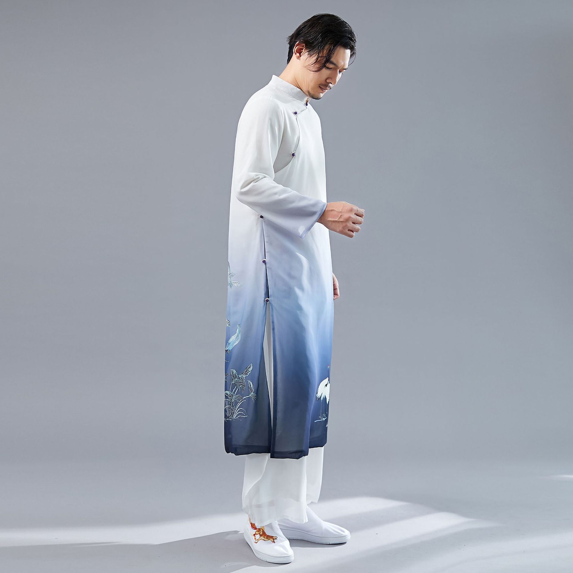 布衣复古2020新款 紫扣百鸟 长袖民族风印花雪纺衫立领民族服装