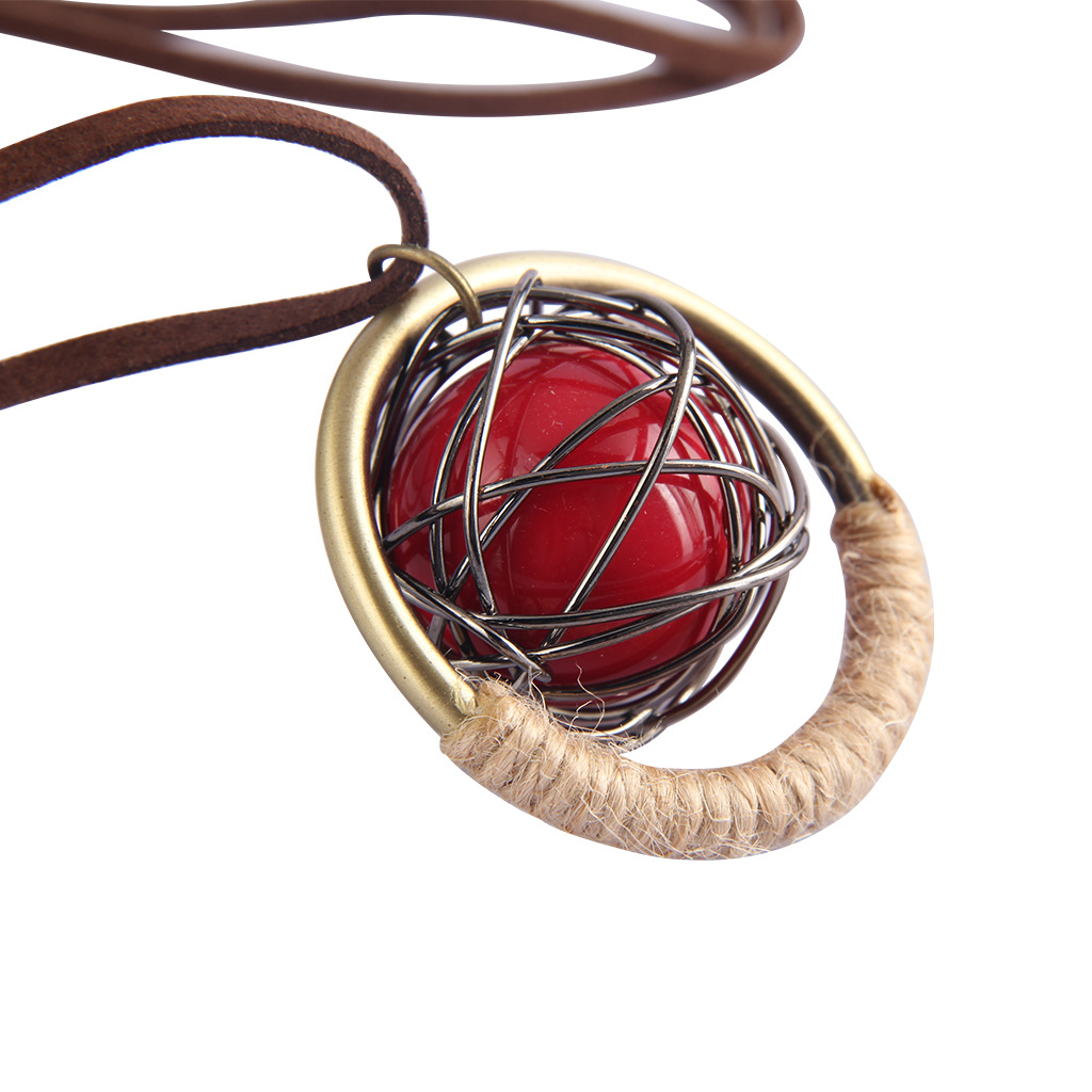 波西米亚首饰 民族风项链女复古圆环项链 创意红色球绕铁丝项饰